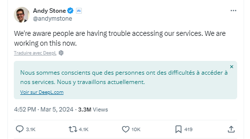 Capture du tweet d'Andy Stone, Porte-Parole de Meta, sur le réseau social X