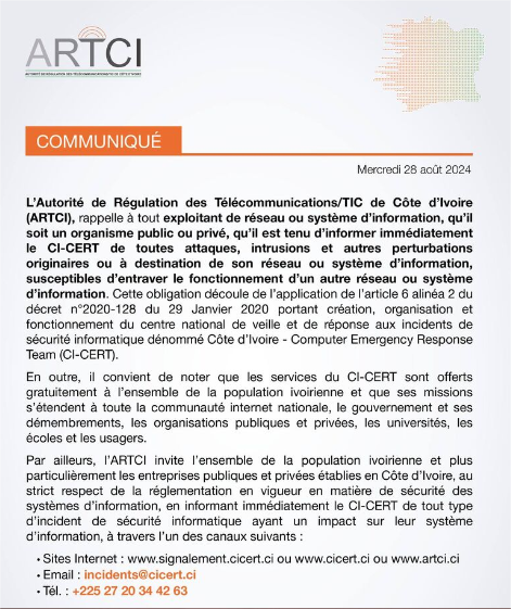 Communiqué ARTCI