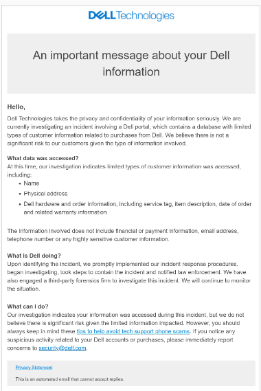 Message de Dell apres le  Cyberattaque