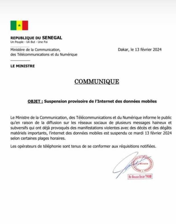 communiqué du Ministre Sénégalais de la Communication, des Télécommunications et du Numérique, Moussa Bocar Thiam