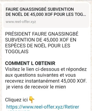  Message frauduleux sur la subvention de Noël